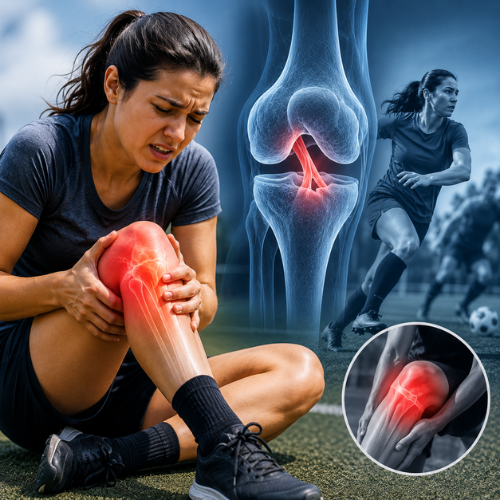 Athlete holding their knee in pain on the field, illustrating the sudden twisting injury that leads to an ACL tear.